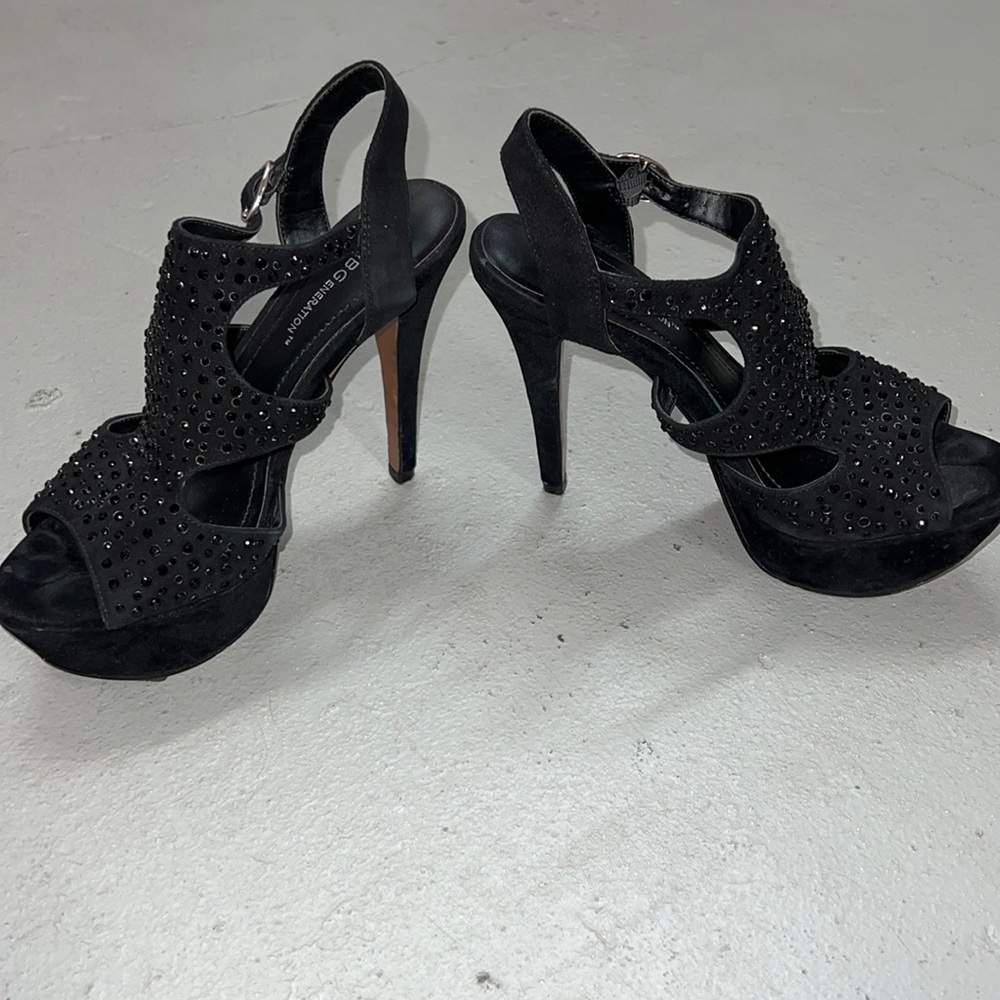 (2/$25)BCBG platforms black sequins peep toe